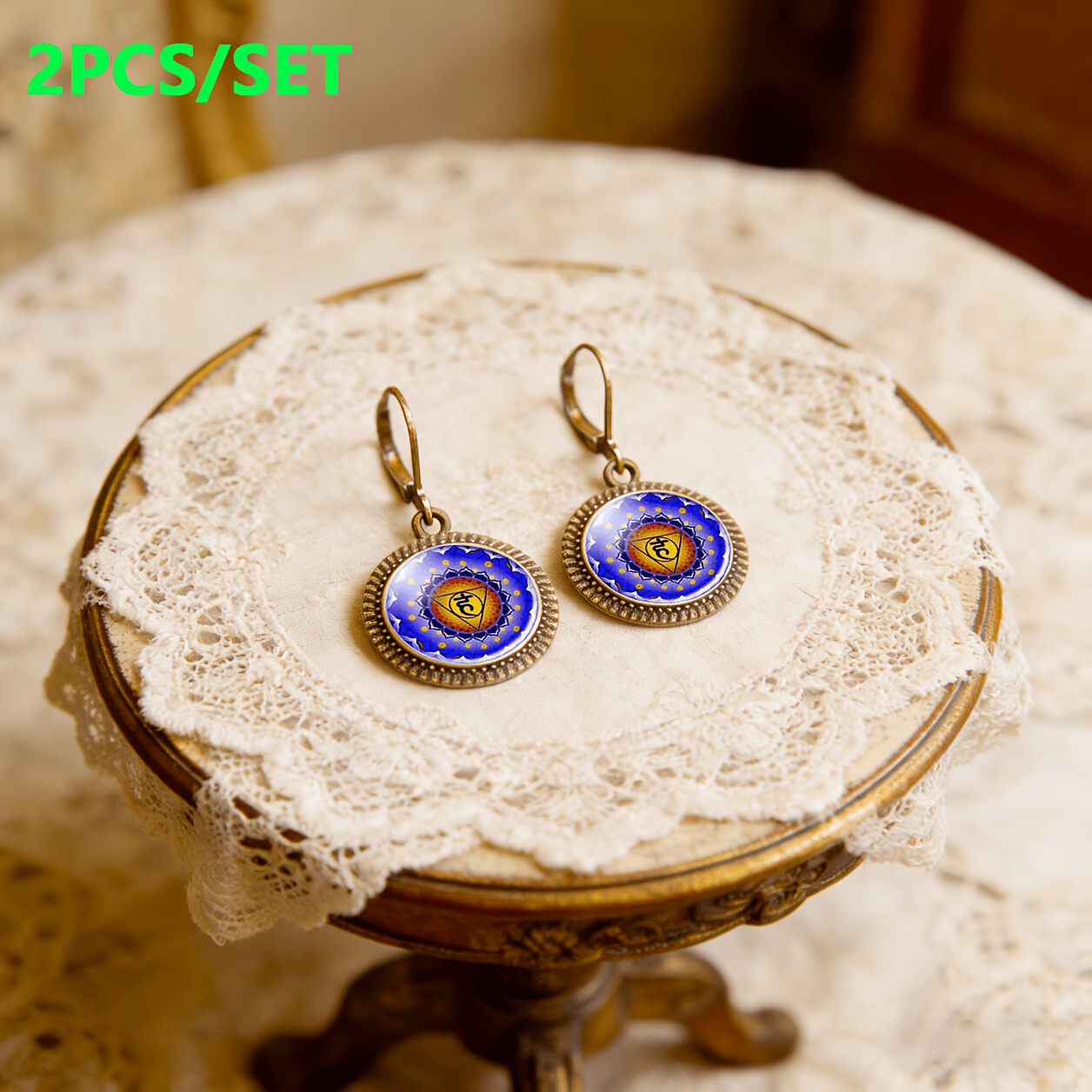 2pc Blue Classic Pendant Earrings with Red Yellow Patterns
